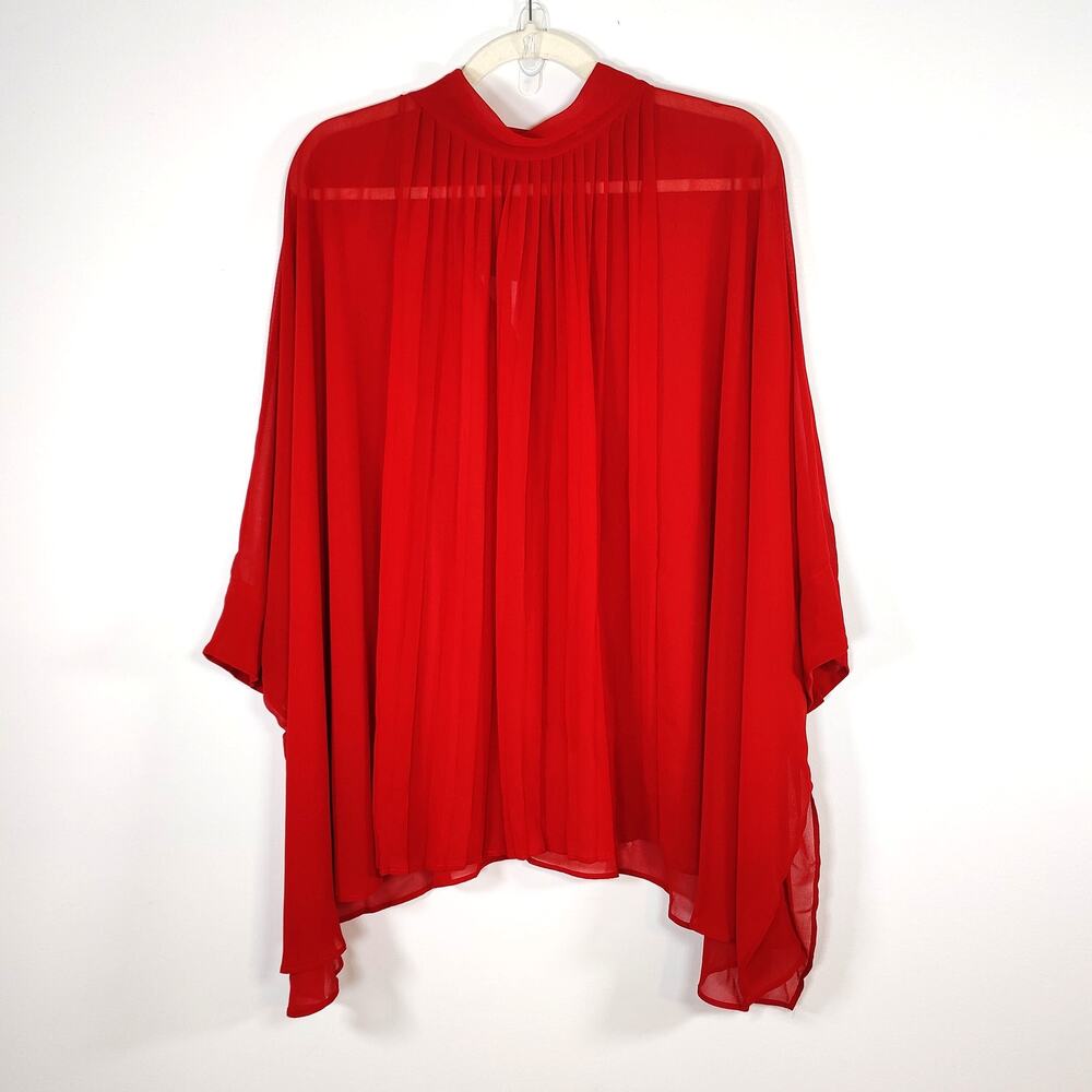 Zara Studio Sheer Tie Back Mock Neck Blouse Blood Red Asymmetrical Hem M - Picture 3 of 7